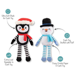 Two plush toys, a penguin and a snowman, with features highlighted on a white background.
