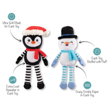 Two plush toys, a penguin and a snowman, with features highlighted on a white background.