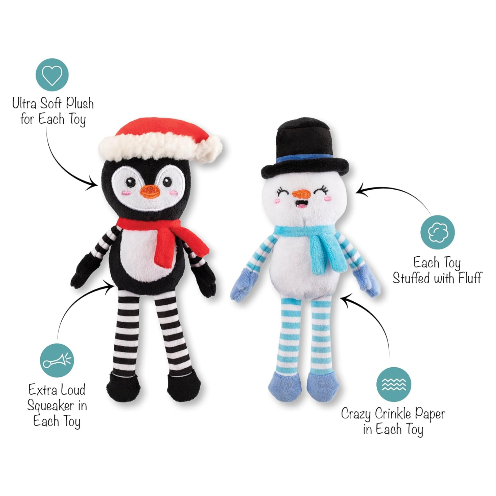 Two plush toys, a penguin and a snowman, with features highlighted on a white background.