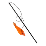 Cat toy with orange fox-shaped end and black rod on a white background