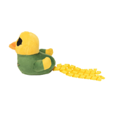 Plush duck toy with a green body and yellow beak and feet on a white background