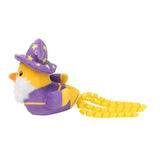 Plush toy duck in a purple outfit with a yellow leash on a white background