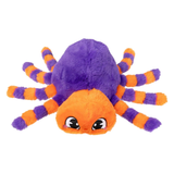 A plush spider toy with a purple body and orange-and-purple striped legs and head, featuring large cartoon eyes, shown on a plain white background.