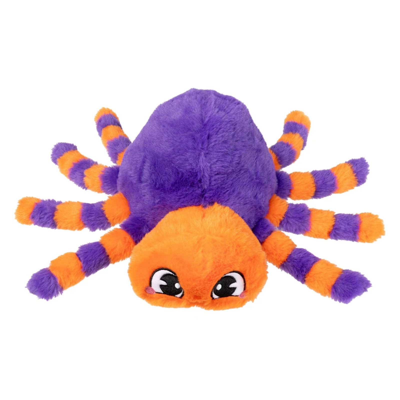 A plush spider toy with a purple body and orange-and-purple striped legs and head, featuring large cartoon eyes, shown on a plain white background.