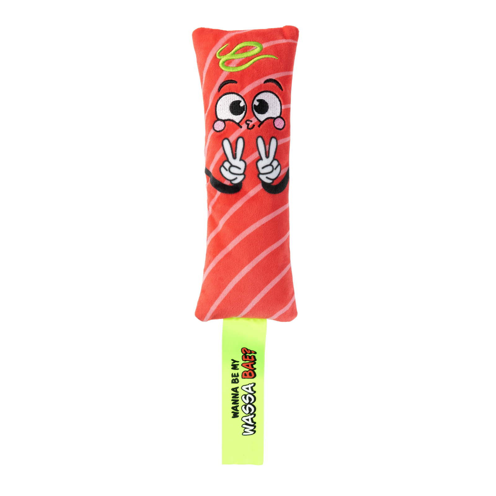 A plush red salmon sushi toy with a cartoon face and peace signs, featuring a bright yellow-green tag that reads 'WANNA BE MY WASSA BAE?'.