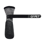 A pet grooming brush with a gray knit sock handle, a black textured rubber tail, and a black plastic arm featuring the white 'GF PET' brand logo.
