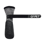 A pet grooming brush with a gray knit sock handle, a black textured rubber tail, and a black plastic arm featuring the white 'GF PET' brand logo.