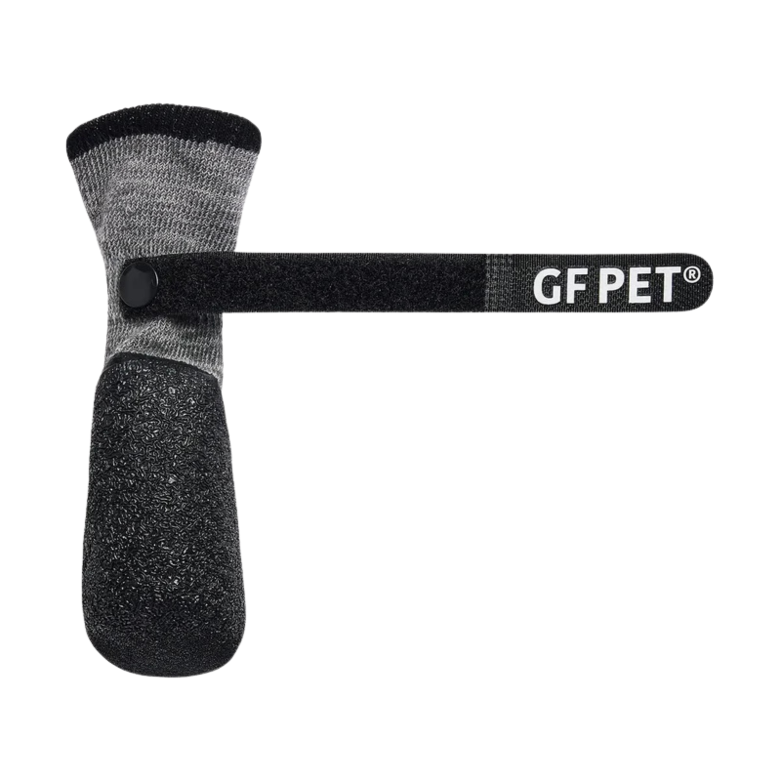 A pet grooming brush with a gray knit sock handle, a black textured rubber tail, and a black plastic arm featuring the white 'GF PET' brand logo.