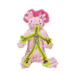 Pink plush toy with a green skeleton design on a white background