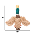 Duck-shaped plush toy with dimensions labeled on a white background