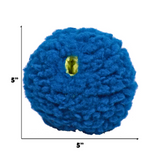 Blue textured ball with a yellow center, shown with dimensions on a white background