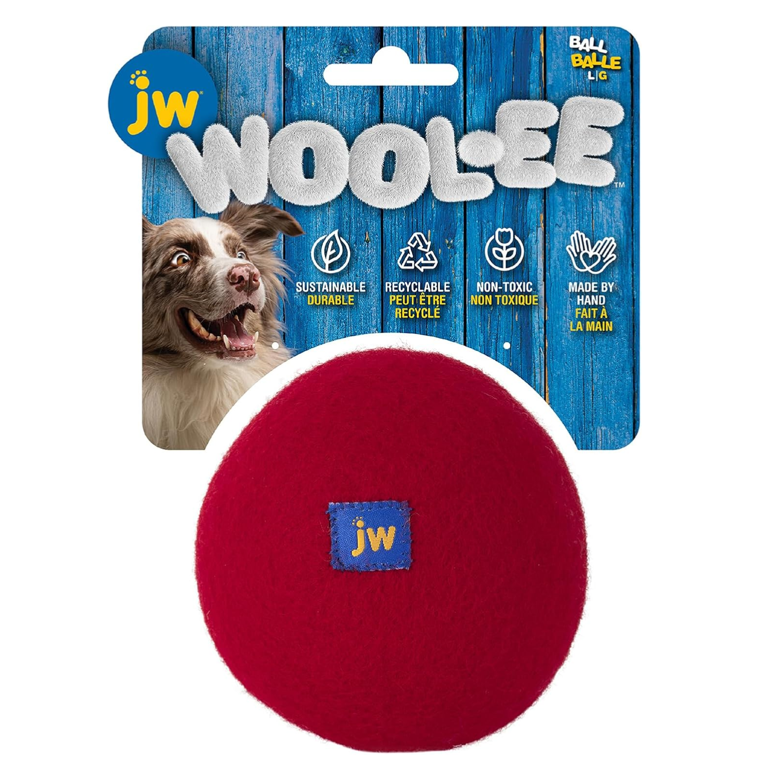 Red dog toy with JW logo on a white background