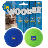 TwoWoofee dog toys in blue and green with packaging featuring a dog and brand logo on a blue wooden background.