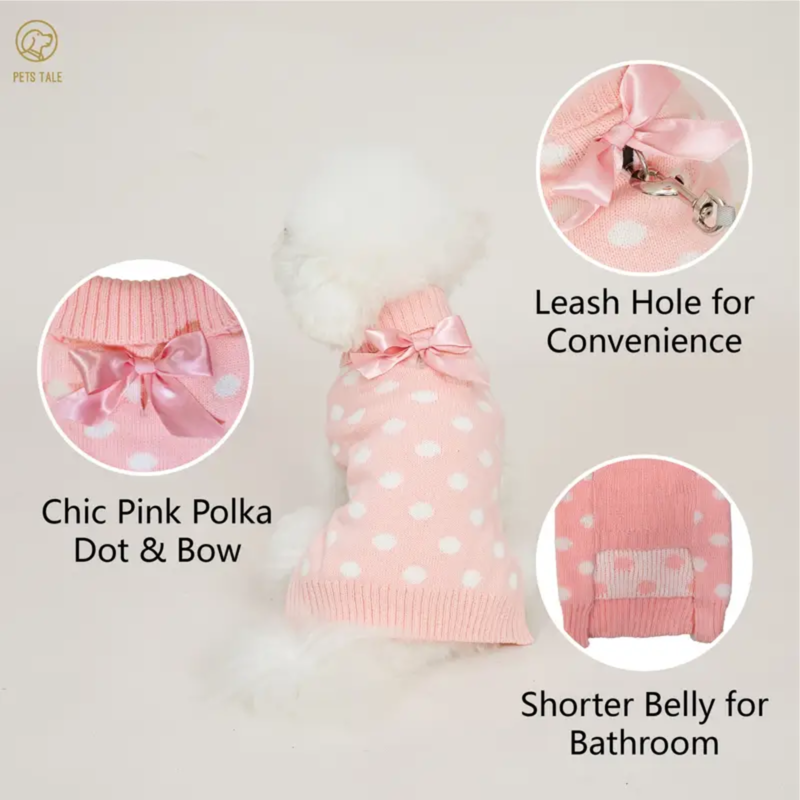 Pink polka dot dog dress with bow and leash hole on a white background