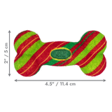Red and green striped dog toy with dimensions on a white background
