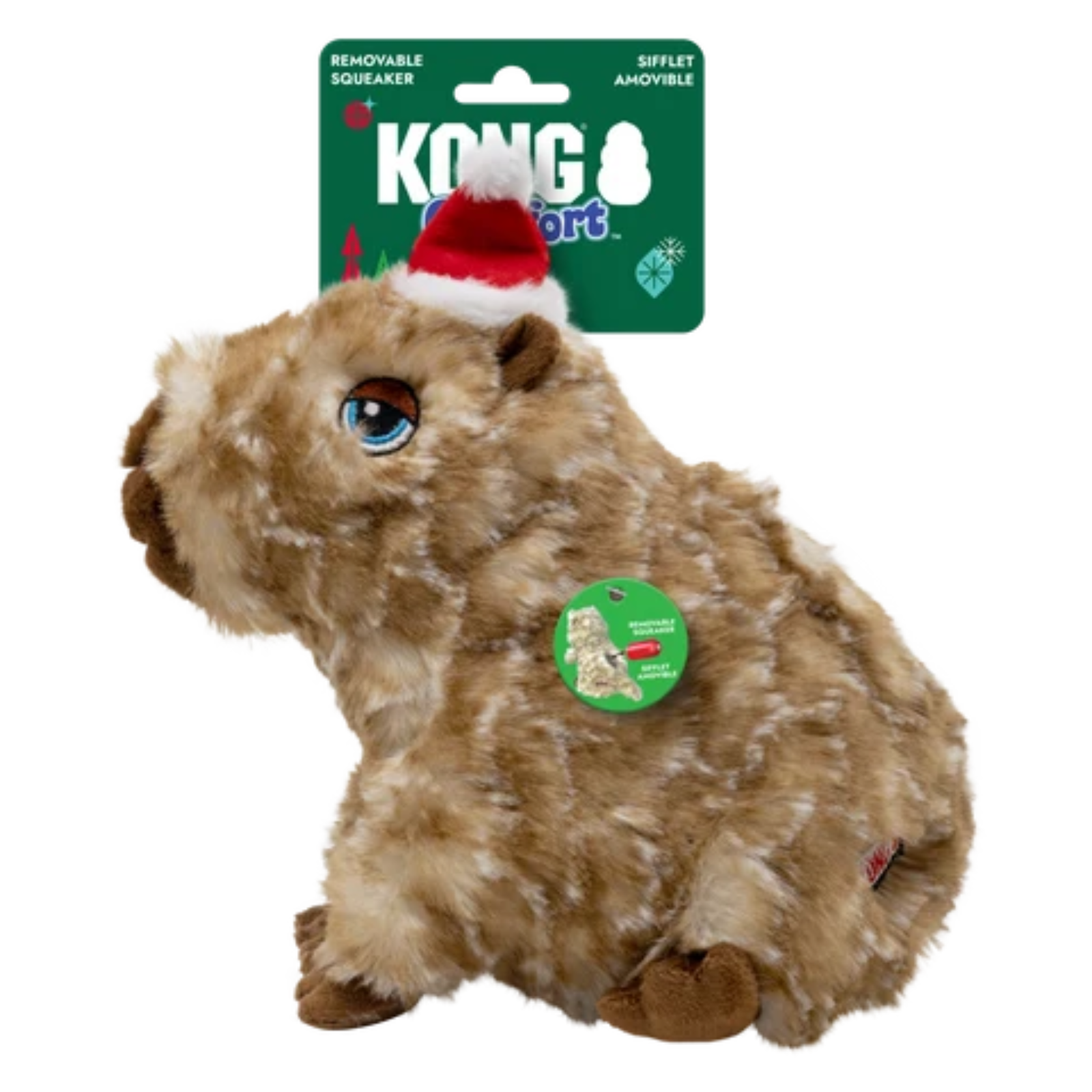 A brown plush capybara dog toy with a Santa hat and a green Kong brand tag, shown with its original green Kong packaging card on a white background.