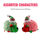 Two small plush hedgehog characters wearing Santa hats on a white background, with text reading 'ASSORTED CHARACTERS' and 'You'll receive one of these.'.