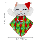 Plush cat toy with a red and green pattern and measurements on a white background