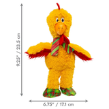 Yellow plush chicken toy with red wings, a red and green striped neck scarf, and green plaid feet, shown on a white background with dimension arrows and measurements.
