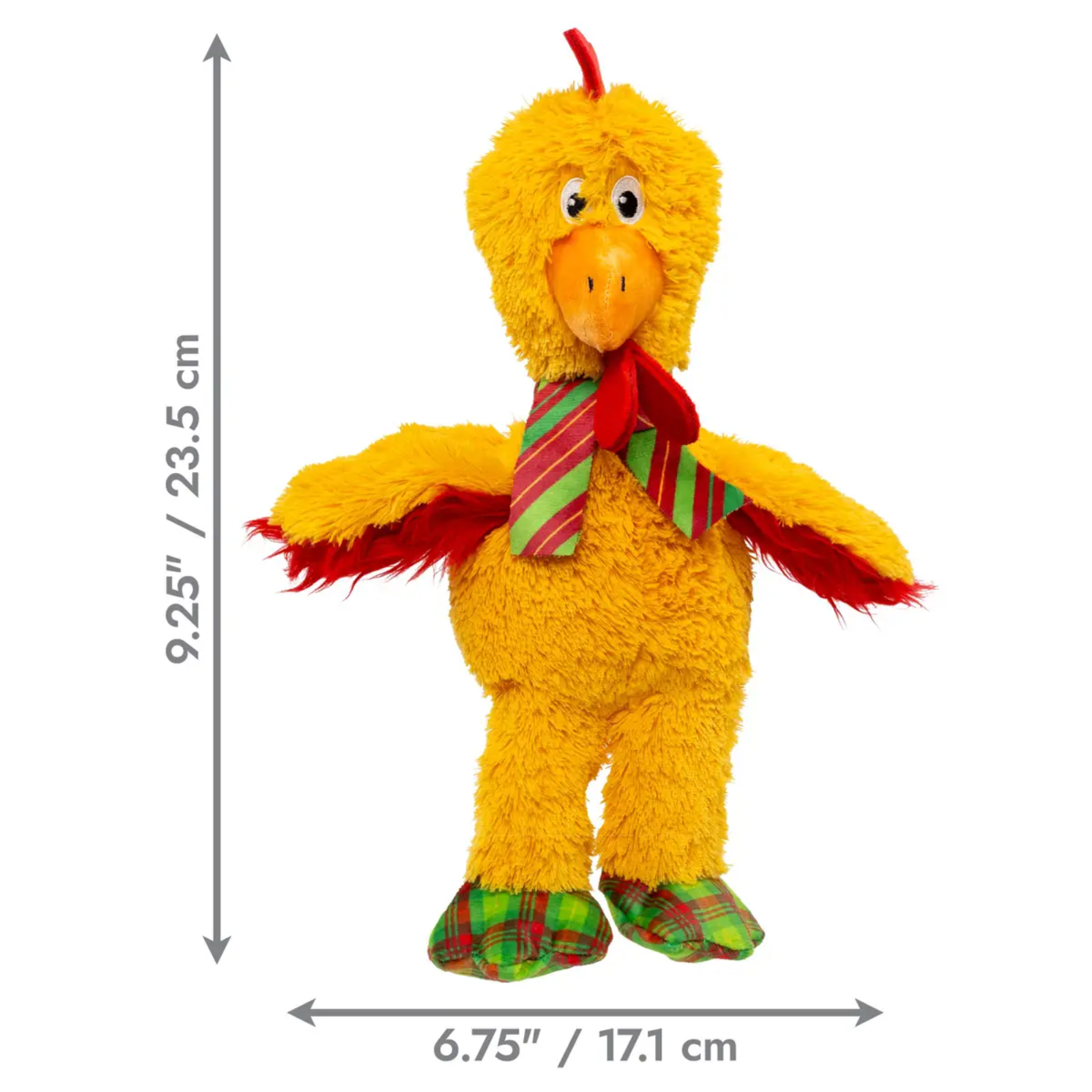 Yellow plush chicken toy with red wings, a red and green striped neck scarf, and green plaid feet, shown on a white background with dimension arrows and measurements.