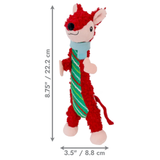 A red plush kangaroo dog toy with a green and white striped scarf, shown on a white background with dimension arrows and text indicating height of 8.5 inches (21.