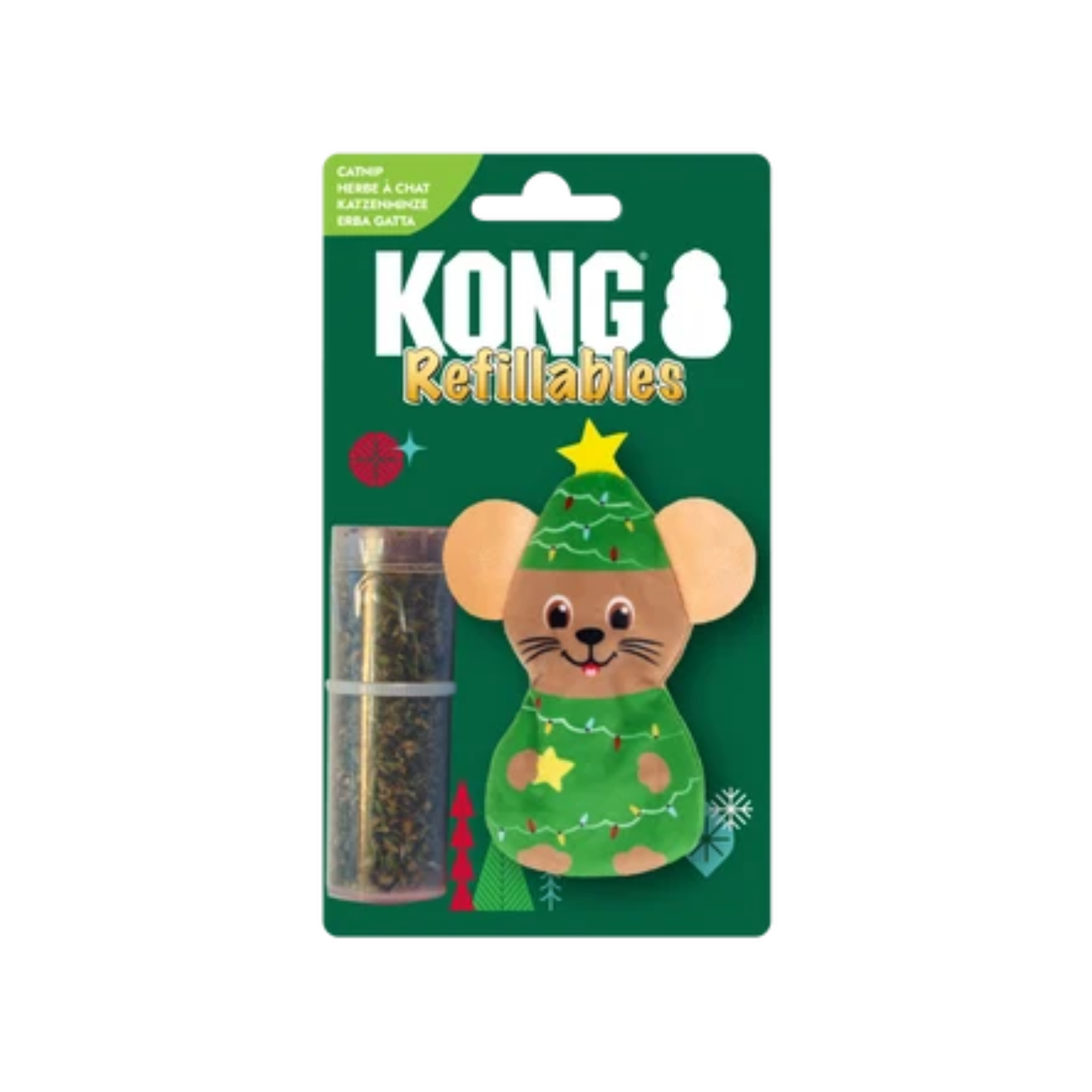 KONG Refillables Christmas-themed pet toy in its original green blister packaging, featuring a small cartoon mouse dressed in a green Christmas tree hat and scarf next to a clear refill tube.