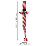 Red and white striped dog toy with measurements on a white background