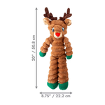 Plush reindeer toy with measurements on a white background