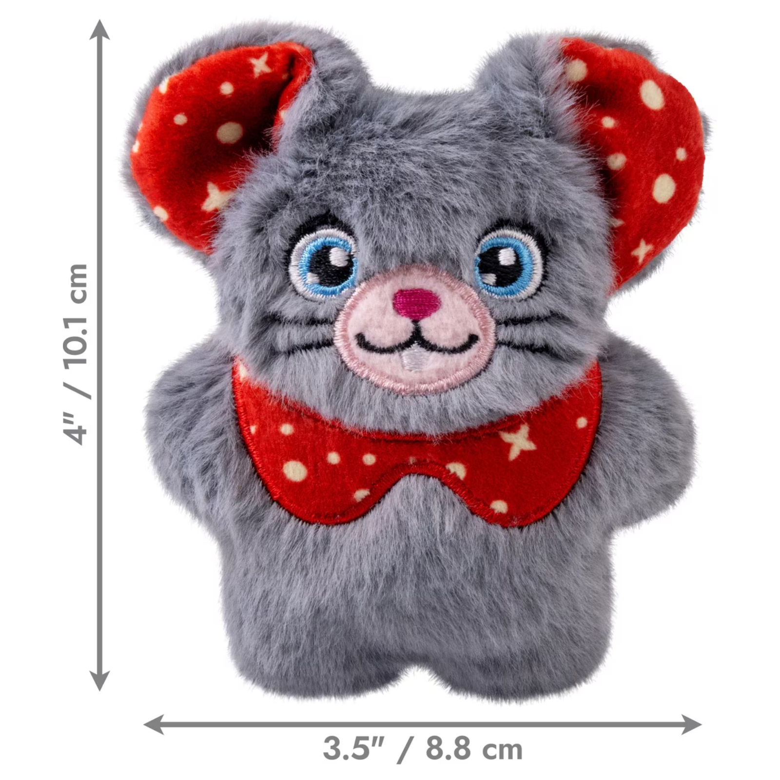A gray plush toy mouse with blue eyes, a pink stitched nose and mouth, and red ears/bow tie with cream polka dots, shown on a white background with dimension arrows and text indicating 4 x 3.5 inches.