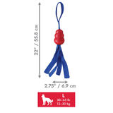 Blue and red dog tug toy with dimension arrows showing 22 inches height and 2.75 inches width, plus a red size label for dogs 30-65 lb.