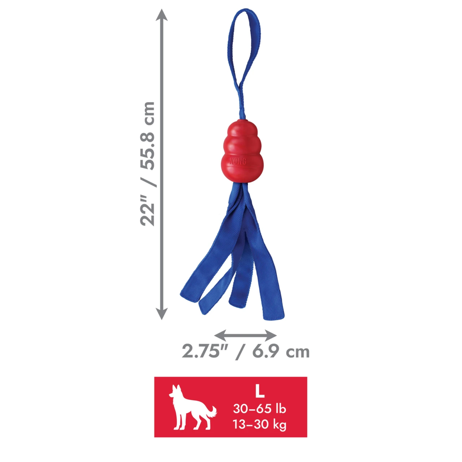Blue and red dog tug toy with dimension arrows showing 22 inches height and 2.75 inches width, plus a red size label for dogs 30-65 lb.