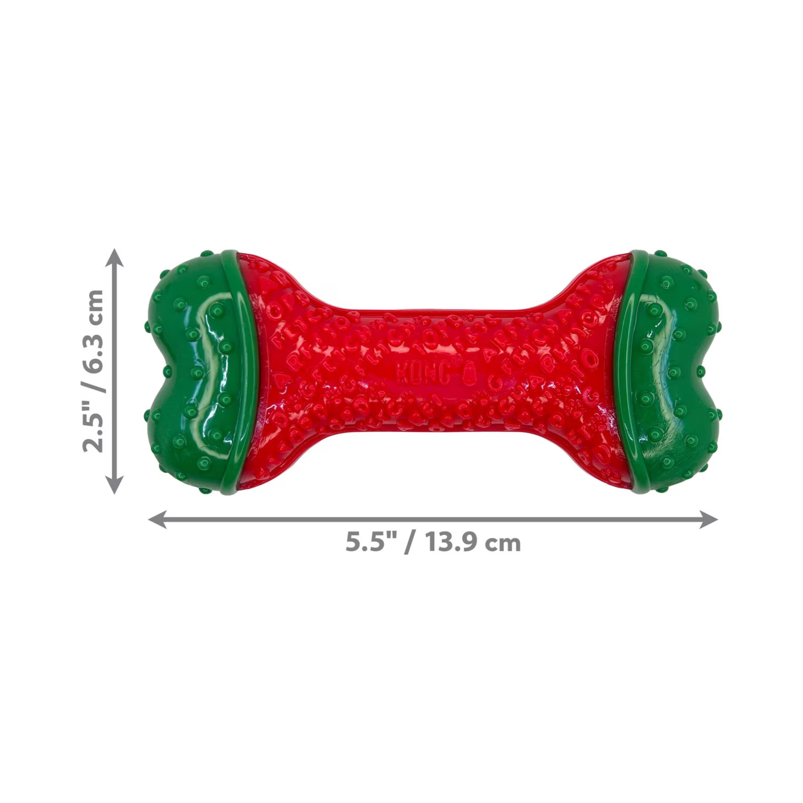 Red and green dog toy with dimensions indicated on a white background