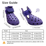 Purple children's shoes with size guide measurements on a white background