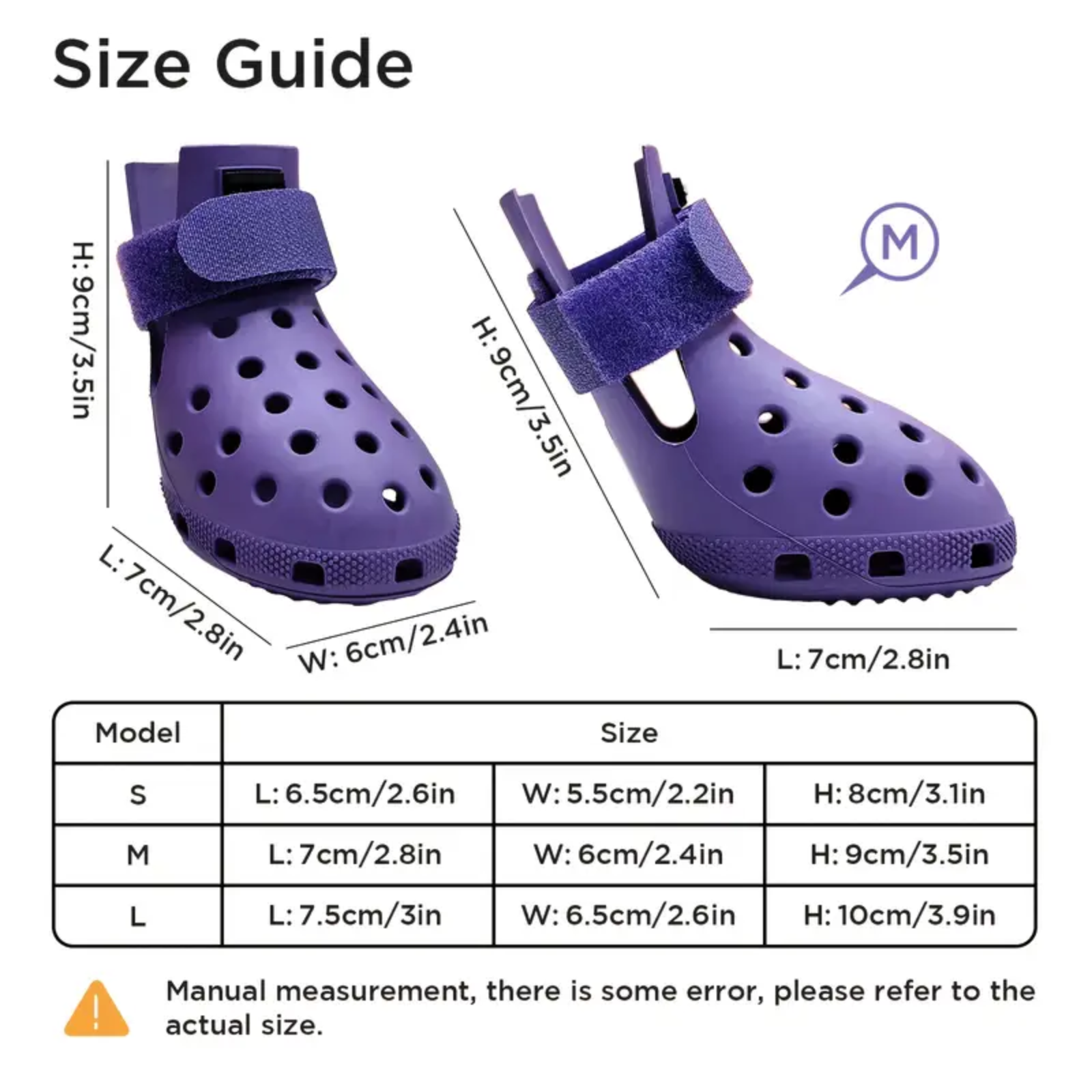 Purple children's shoes with size guide measurements on a white background