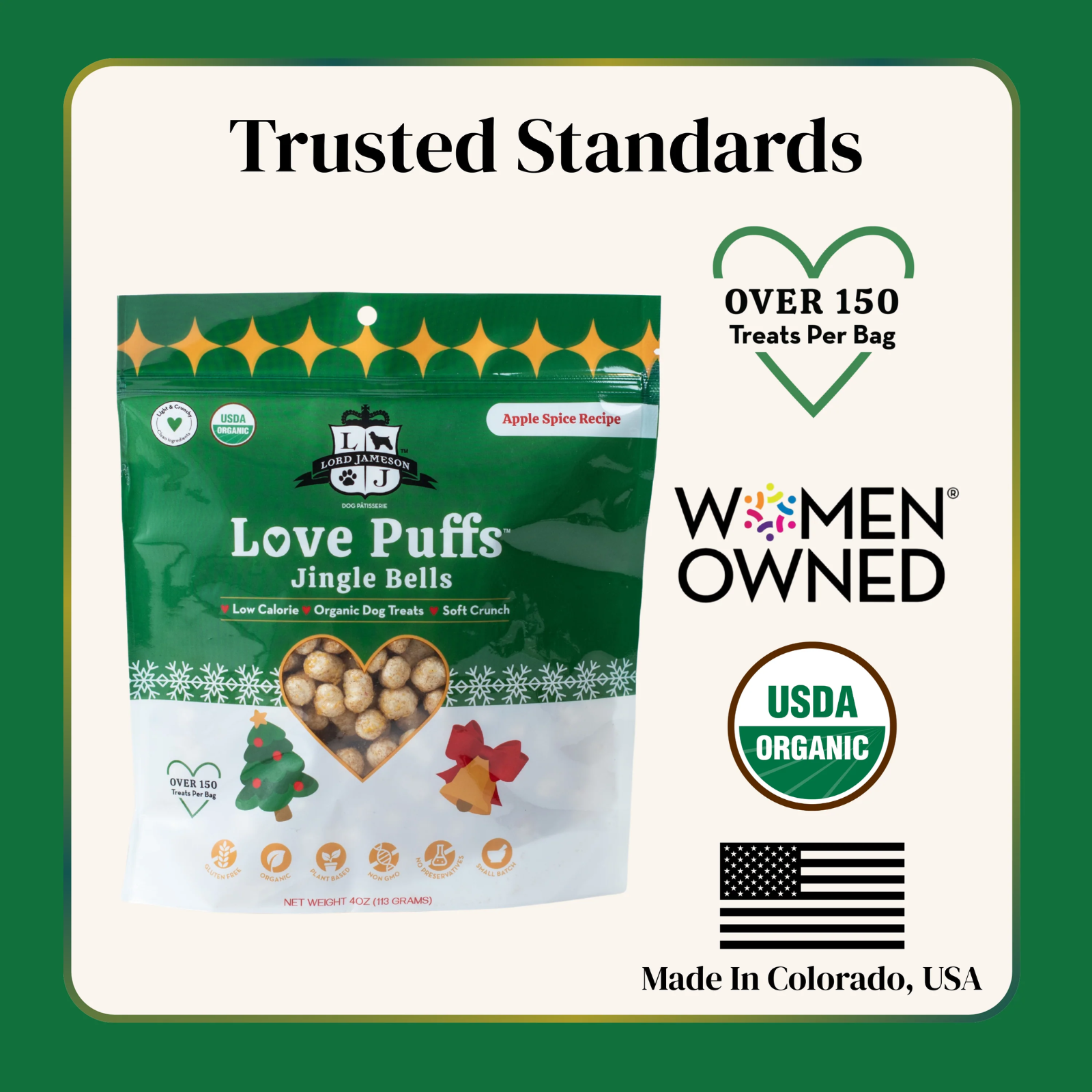 Package of Love Puffs Jingle Bells dog treats with branding and certification logos on a green background