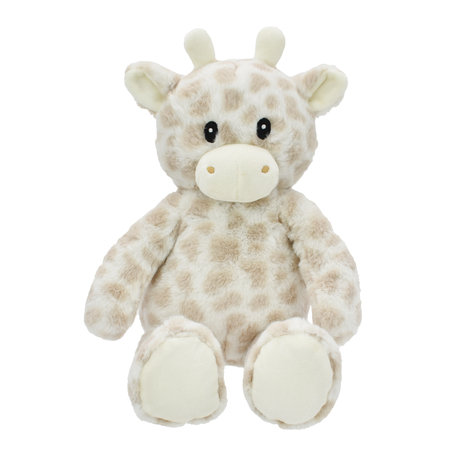 A plush giraffe toy with a cream and light brown spotted pattern, featuring black bead eyes and a soft beige snout, shown against a plain white background.