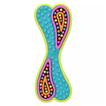 A colorful textured silicone dog toy shaped like a stylized bone, featuring a turquoise center with pink borders and orange, yellow, and blue bead-like details.