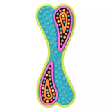 A colorful textured silicone dog toy shaped like a stylized bone, featuring a turquoise center with pink borders and orange, yellow, and blue bead-like details.