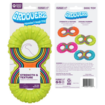 A packaged pet toy shown front and back on a white background. The front shows a lime green ring-shaped dog toy with rainbow-colored grooved channels and the text 'GROOVERZ' and 'squeaker + tough TPR'.