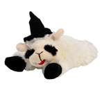 A plush sheep toy lying down, wearing a black pointed witch hat, with black patches around the eyes and nose, and a small red tongue sticking out, on a plain white background.