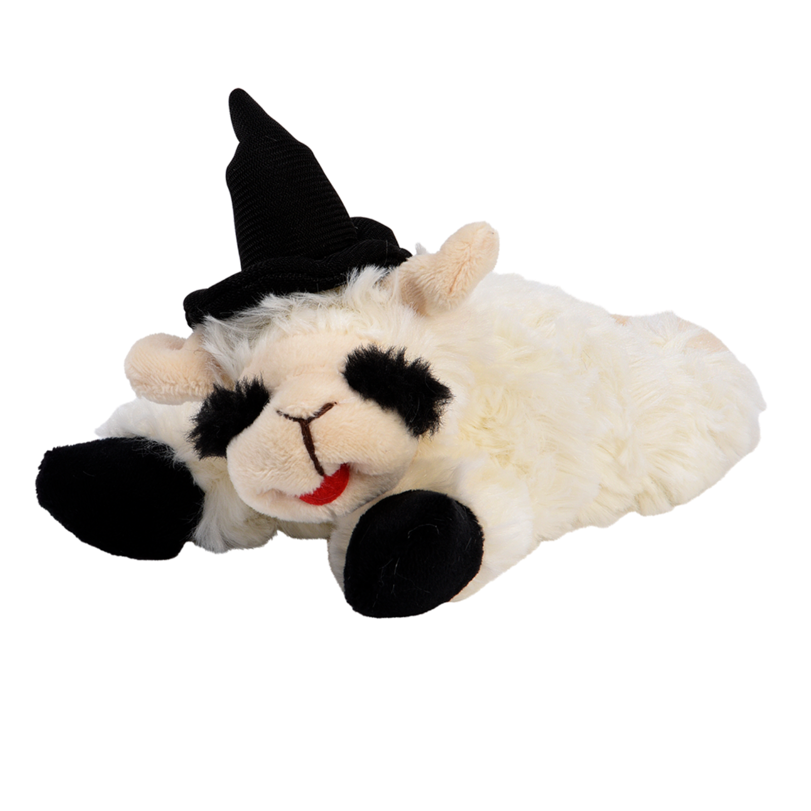 A plush sheep toy lying down, wearing a black pointed witch hat, with black patches around the eyes and nose, and a small red tongue sticking out, on a plain white background.