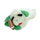 Plush toy sheep holding a football on a white background