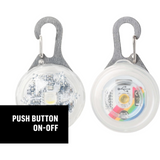 Two LED keychain lights with carabiners on a white background, featuring push button on-off feature.