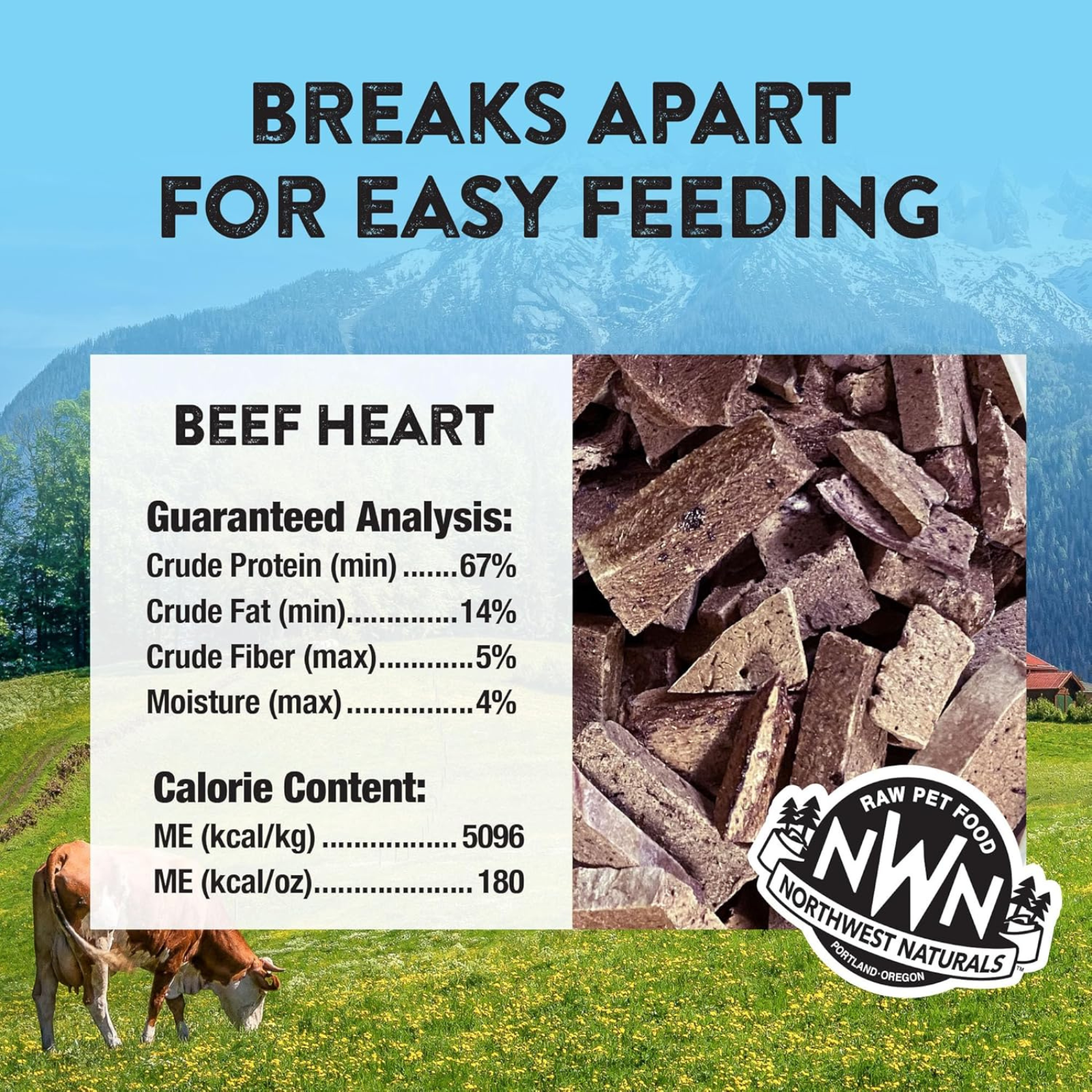 Beef heart product with guaranteed analysis and calorie content displayed, set against a scenic background.