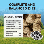 Northwest Naturals chicken recipe pet food with guaranteed analysis and calorie content on a scenic background