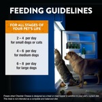 Feeding guidelines for pets with a refrigerator and two dogs looking inside.