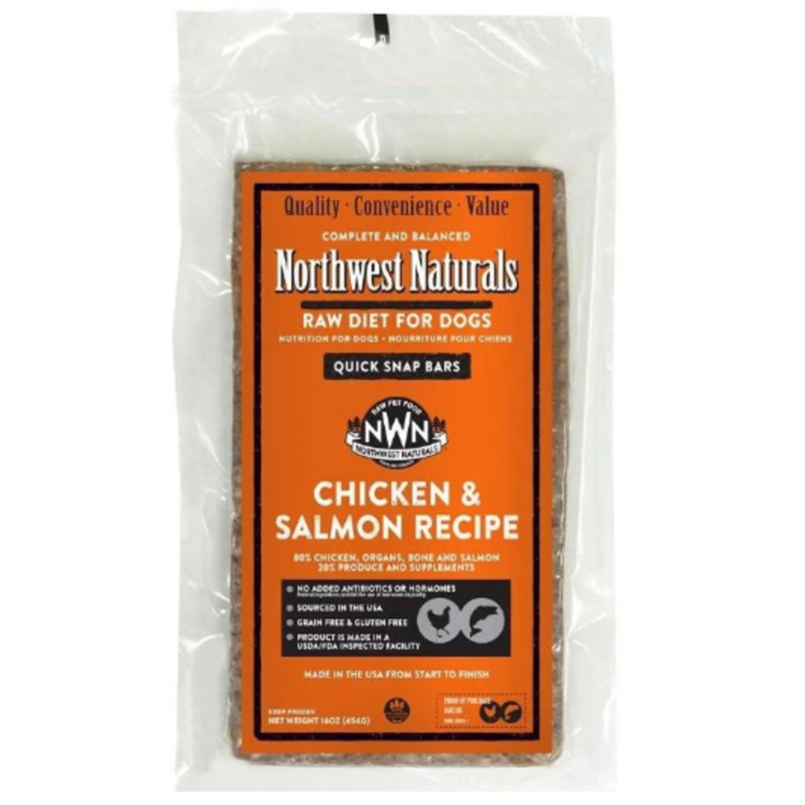 Package of Northwest Naturals raw diet for dogs with chicken and salmon recipe on an orange label.