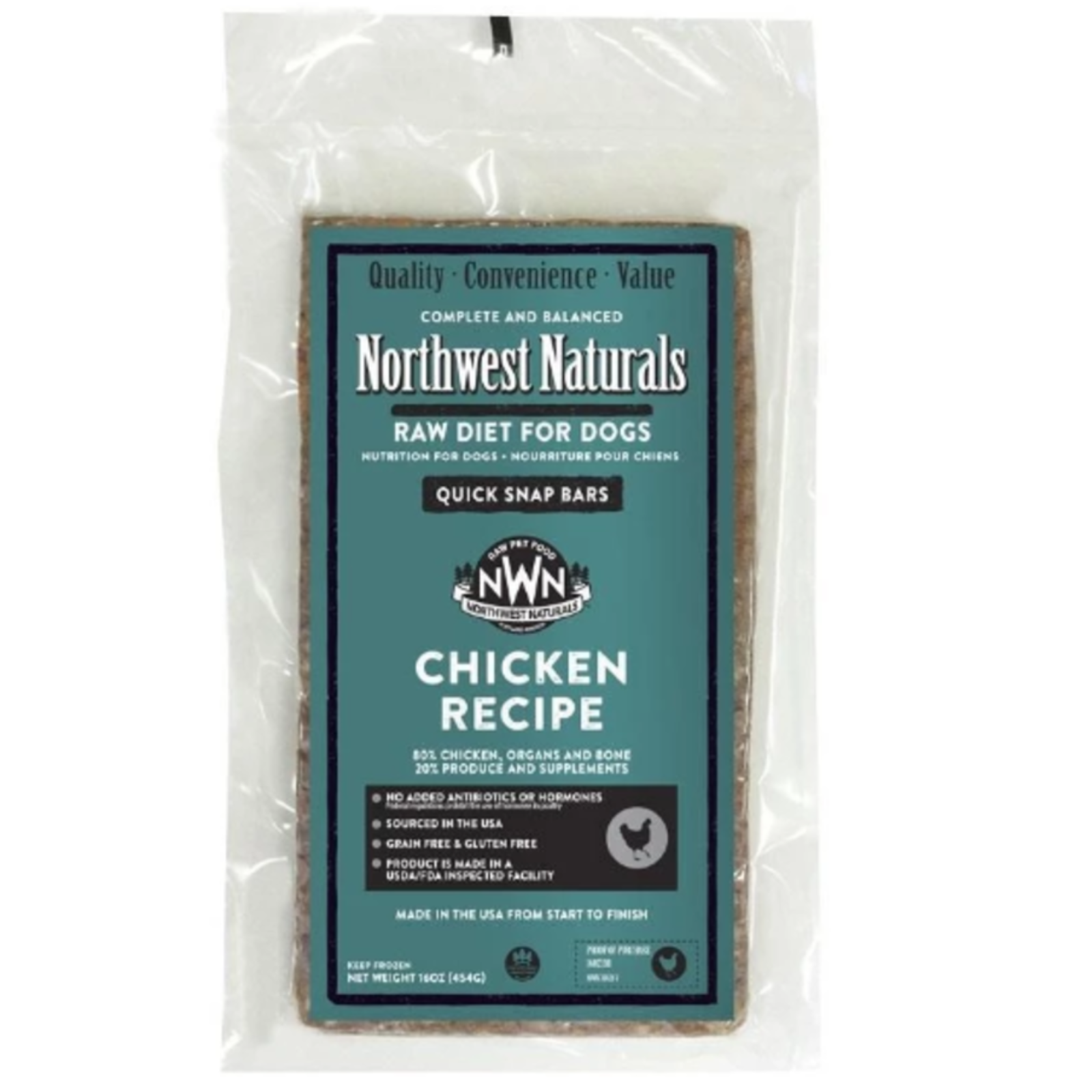 Northwest Naturals raw diet for dogs packaging with chicken recipe label.