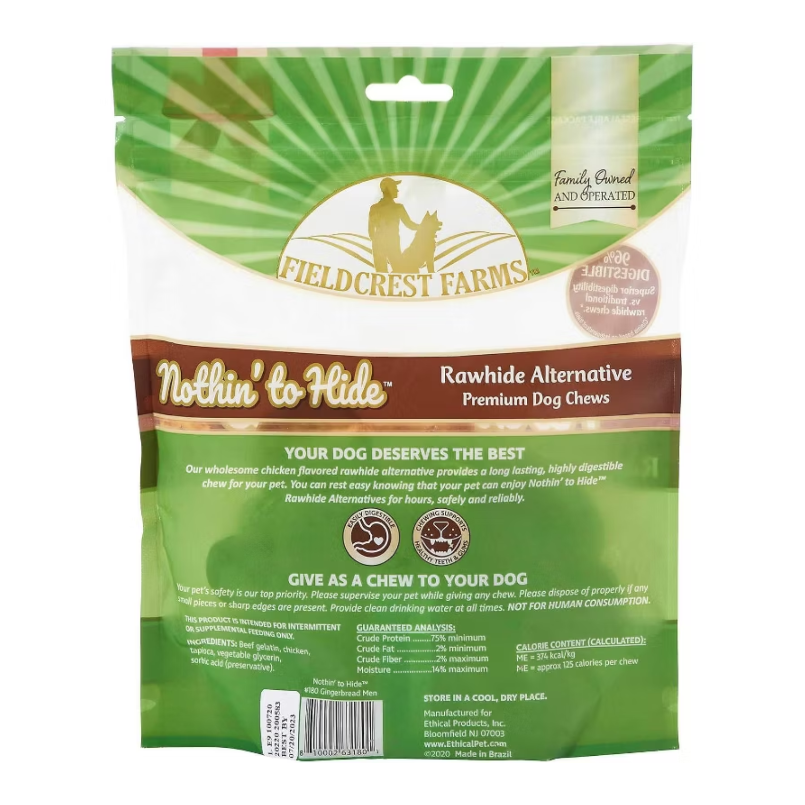 A bag of Field Crest Farms Nothin' to Hide Rawhide Alternative Premium Dog Chews, featuring a green and white package design with a brown band and a dog silhouette logo.