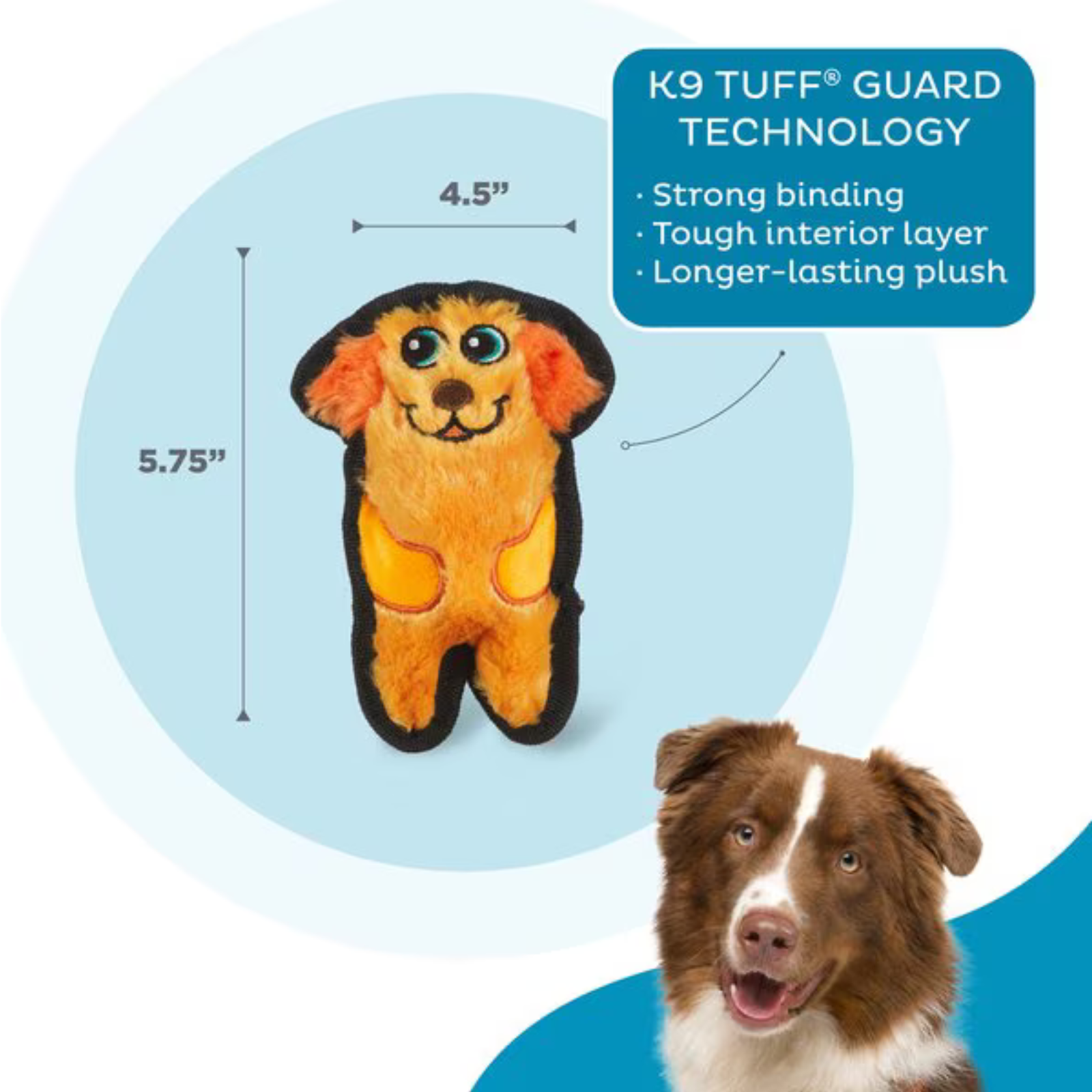 Dog toy with K9 TUFF GUARD TECHNOLOGY label and measurements, featuring a dog's face.